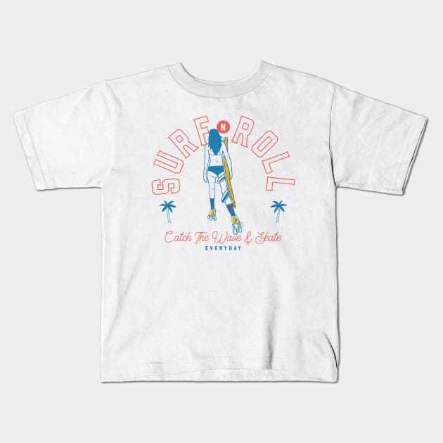 Surf And Roll | Retro Summer Roller Girl Surf and Skate Kids T-Shirt by Fitastic